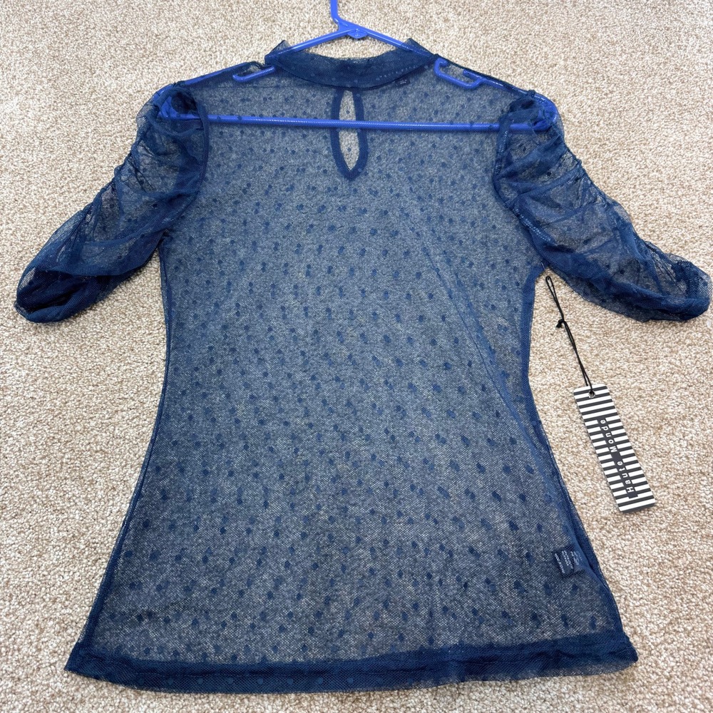 Haute Monde Navy Sheer Mesh Polka Dot Mock Neck Ruched Sleeve Top M Witchy Fairy